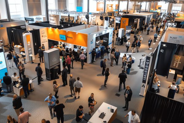 A large crowd of people walk through a busy convention center.